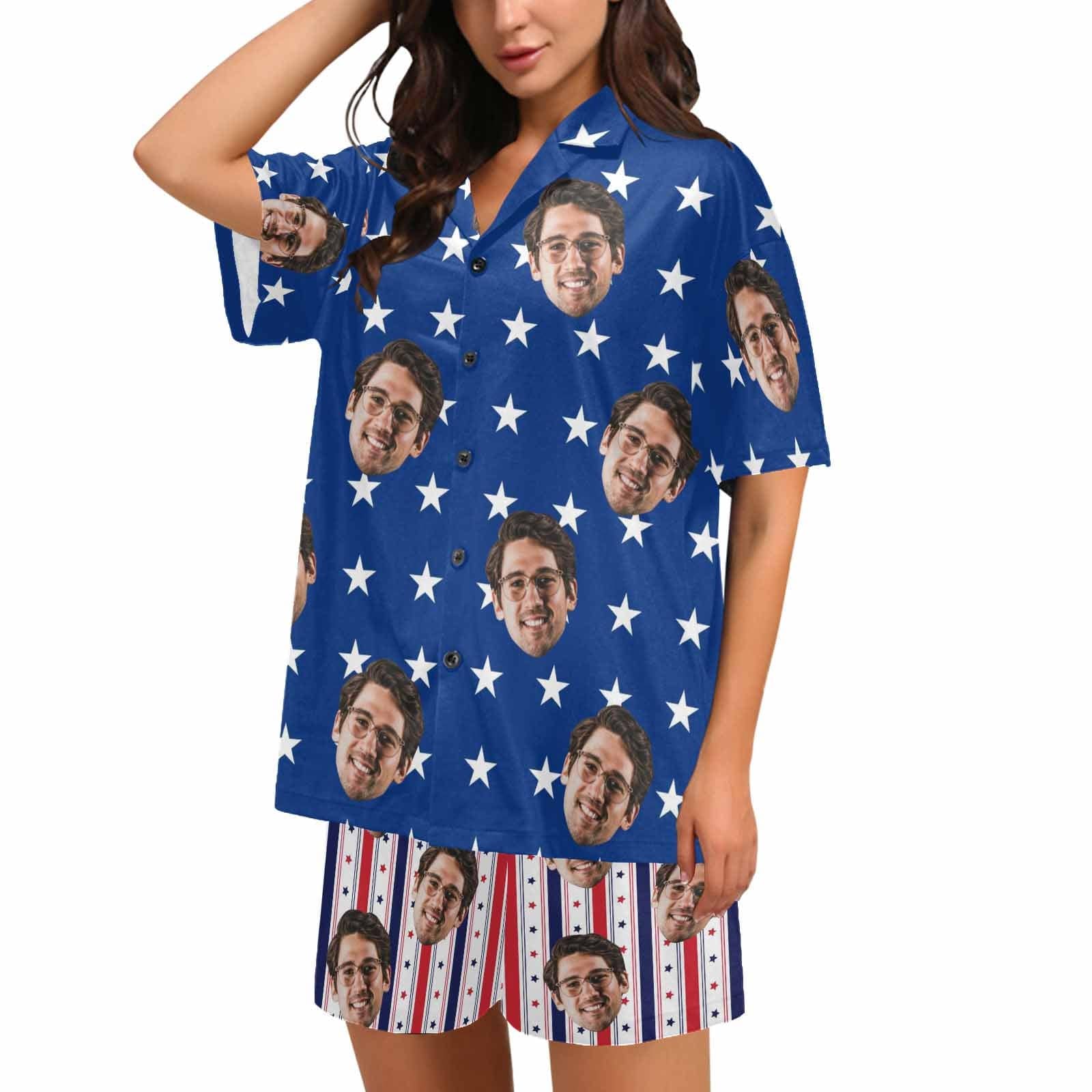 FacePajamas Pajama For Women / S Custom Face Couple Matching Pajamas USA Flag Personalized Couple Matching V-Neck Short Pajama Set