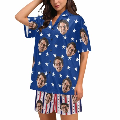 FacePajamas Pajama For Women / S Custom Face Couple Matching Pajamas USA Flag Personalized Couple Matching V-Neck Short Pajama Set
