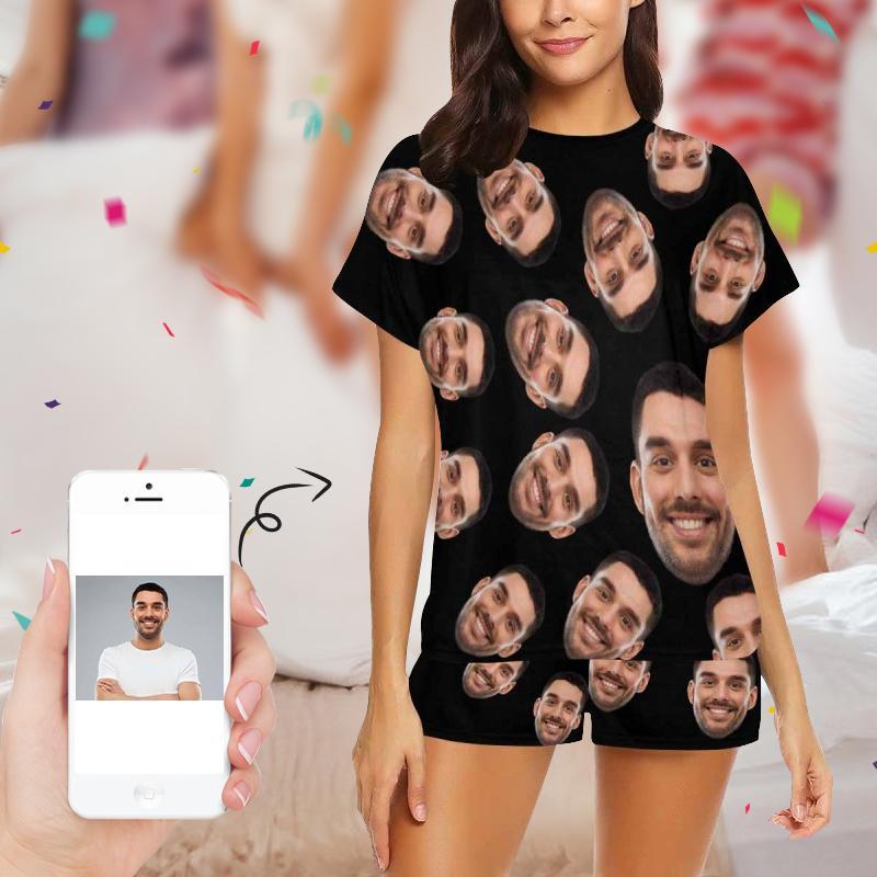 FacePajamas Pajama For Women / S [Special Sale] Custom Black Pajamas Boyfriend Face Sleepwear Personalized Women's Short Crew Neck Pajama Set
