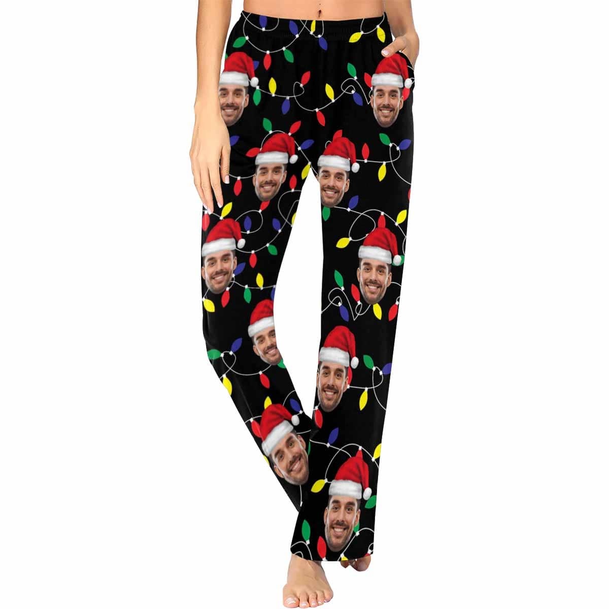 FacePajamas Pajama Shirt&Pants For Women / XS Custom Face Colored Light Bulbs Christmas Red Hat Sleepwear Personalized Women's&Men's Slumber Party Long Pajama Pants