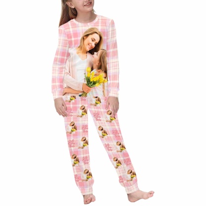 FacePajamas Mother-kid Pajamas Girls/6-7Y(XS) Custom Face Pajamas Sets Pink Blue Plaid Photo Pajamas Mother-kid Matching Nightwear Mother's Day & Birthday Gift