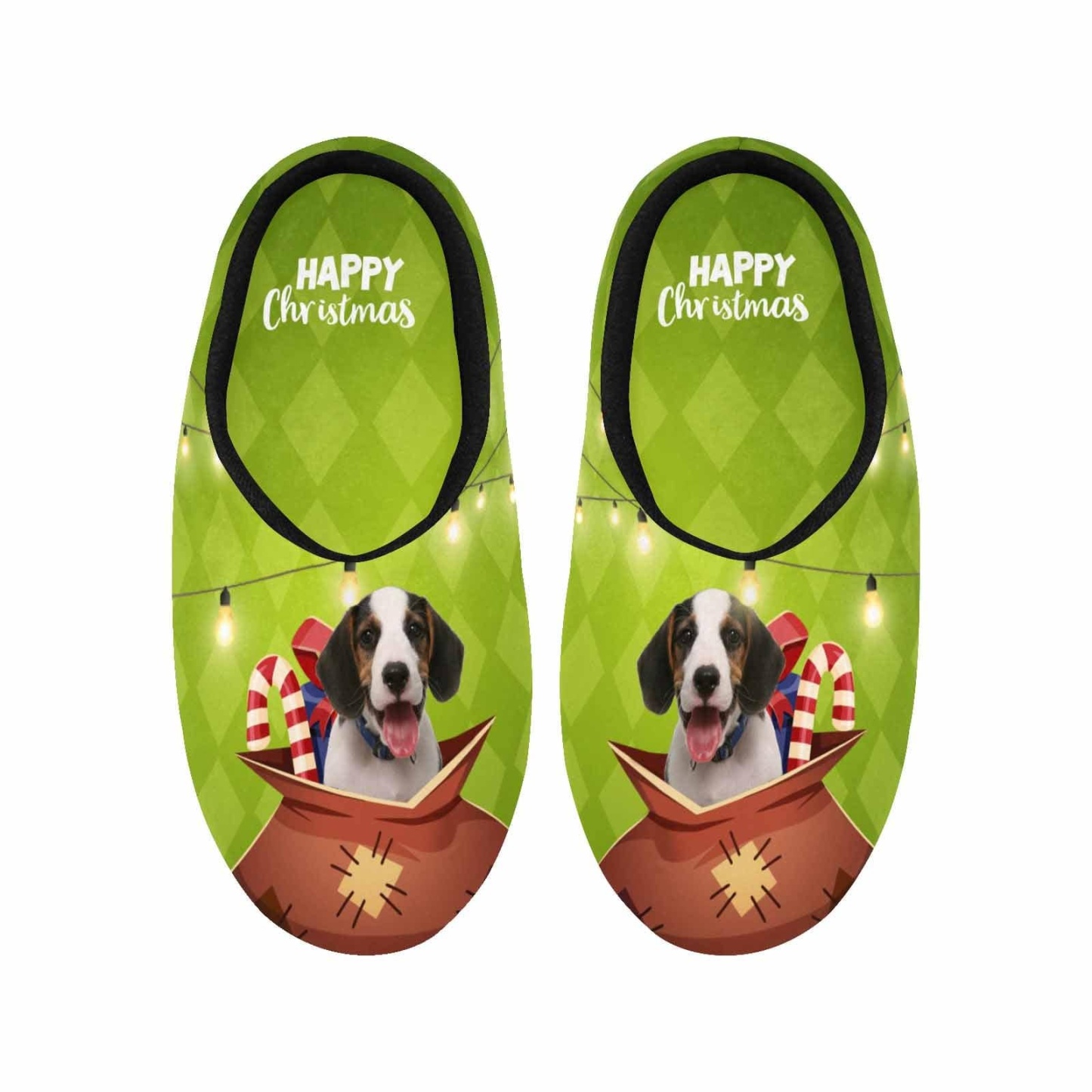 FacePajamas Slippers Green Christmas Custom Dog's Photo All Over Print Personalized Non-Slip Cotton Slippers