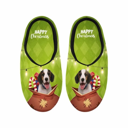 FacePajamas Slippers Green Christmas Custom Dog's Photo All Over Print Personalized Non-Slip Cotton Slippers
