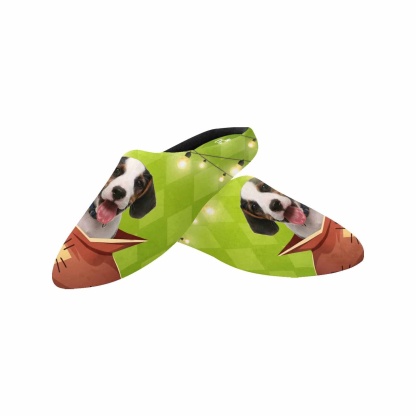 FacePajamas Slippers Green Christmas Custom Dog's Photo All Over Print Personalized Non-Slip Cotton Slippers