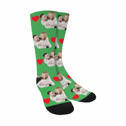 FacePajamas Sublimated Crew Socks Green Custom Face Couple Socks Love Heart Sublimated Crew Socks Personalized Picture Socks Unisex Gift for Men Women