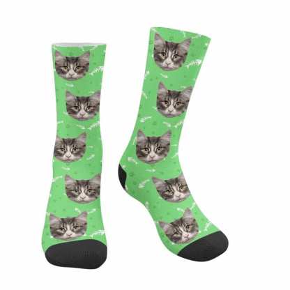 FacePajamas Sublimated Crew Socks Green Custom Pet Sublimated Crew Socks Personalized Cat Face Novelty Socks Printed Photo Pet Socks Design Your Photo on Socks for Pet Lover