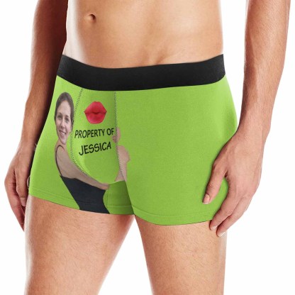 FacePajamas Men Underwear Green / XS Custom Face&Name Boxer Underwear Red Lip Property Of Personalized Men's All-Over Print Boxer Briefs For Valentine's Day Gift
