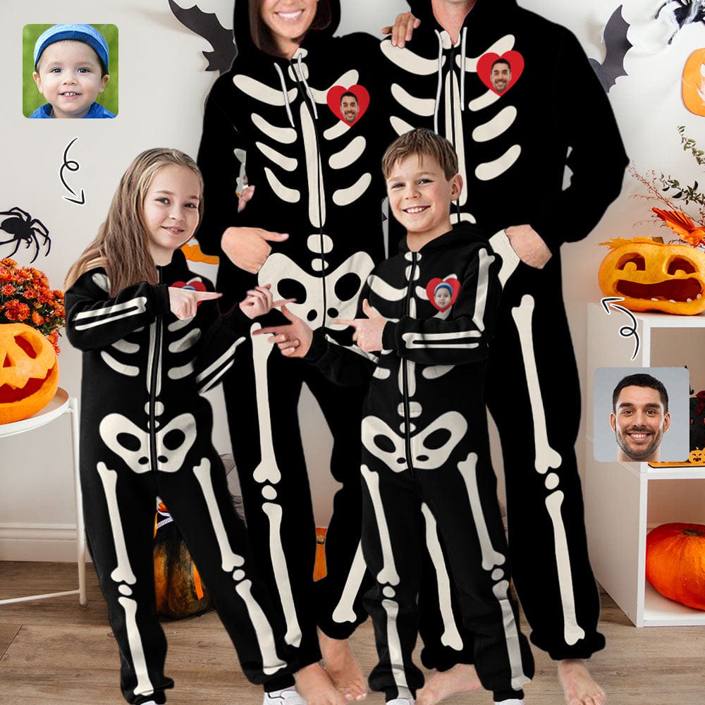 FacePajamas Hooded Onesie-2ML-ZD Halloween Custom Face Bones Family Hooded Onesie Jumpsuits with Pocket Personalized Zip One-piece Pajamas for Adult kids
