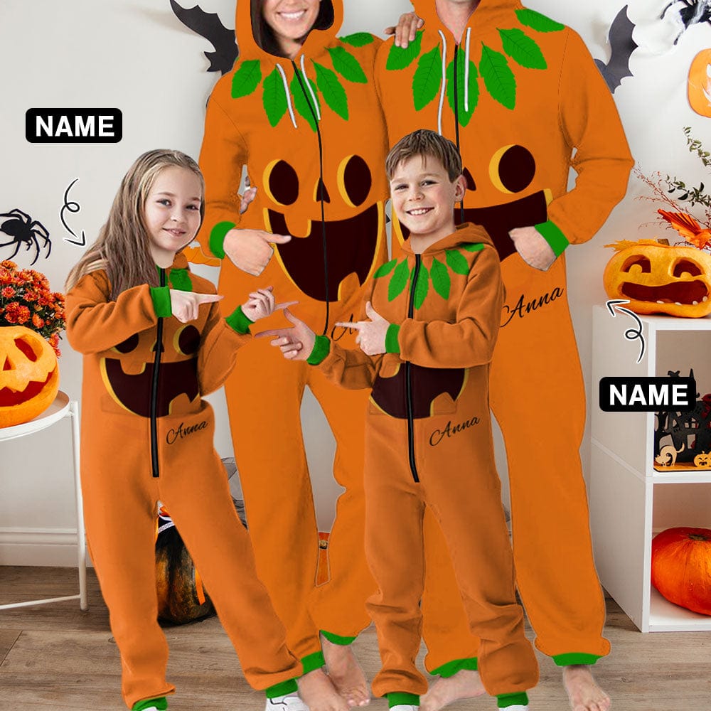 FacePajamas Hooded Onesie-2ML-ZD Halloween Custom Name Pumpkin Family Hooded Onesie Jumpsuits with Pocket Personalized Zip One-piece Pajamas for Adult kids