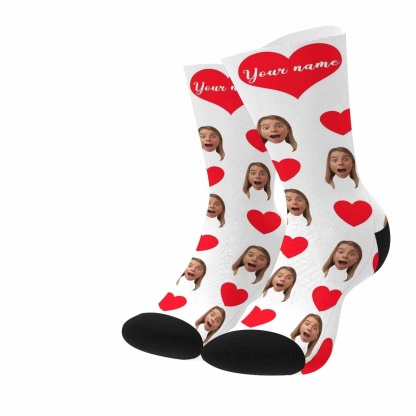 FacePajamas Sublimated Crew Socks Happy Mother's Day | Custom Face&Name Red Heart Socks Personalized Cute Girlfriend Sublimated Crew Socks for Mom