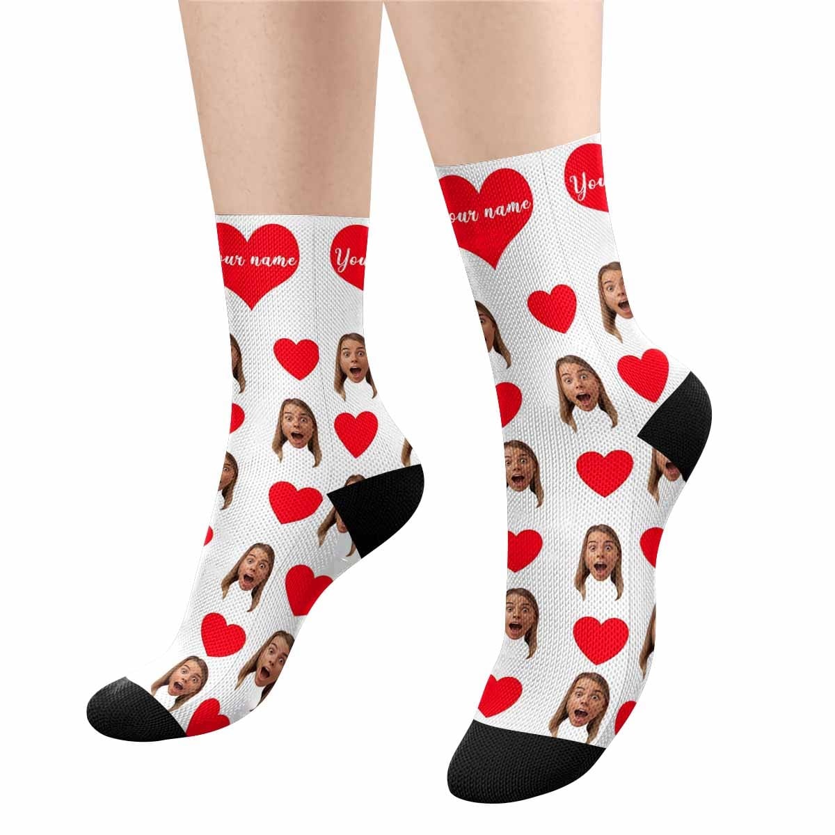 FacePajamas Sublimated Crew Socks Happy Mother's Day | Custom Face&Name Red Heart Socks Personalized Cute Girlfriend Sublimated Crew Socks for Mom