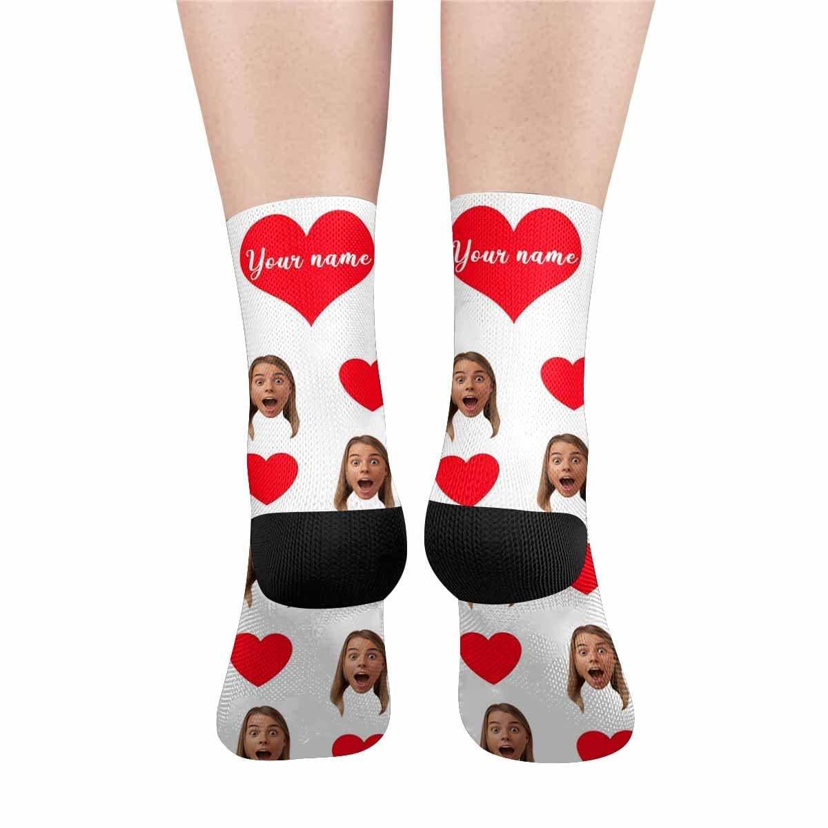 FacePajamas Sublimated Crew Socks Happy Mother's Day | Custom Face&Name Red Heart Socks Personalized Cute Girlfriend Sublimated Crew Socks for Mom