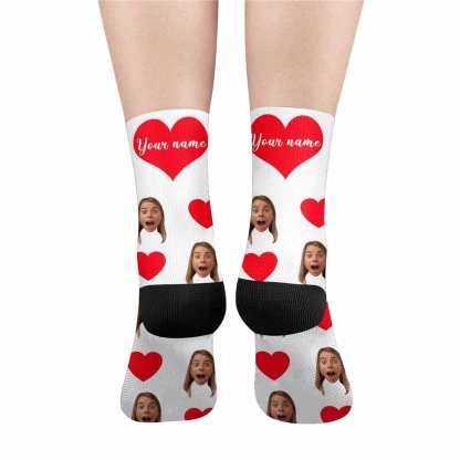 FacePajamas Sublimated Crew Socks Happy Mother's Day | Custom Face&Name Red Heart Socks Personalized Cute Girlfriend Sublimated Crew Socks for Mom