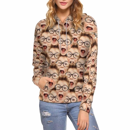 FacePajamas Hoodie-W [High Quality] Custom Boy Face Women's Hoodie with Pocket Personalized Gifts for Her