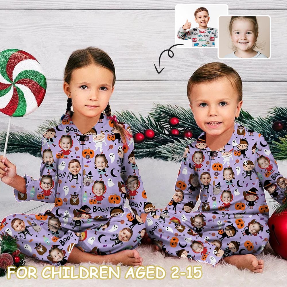 FacePajamas Kids Pajama Kid's Pajamas Purple Custom Sleepwear with Face Little Monster Personalized Halloween Pajama Set For Boys&Girls 2-15Y