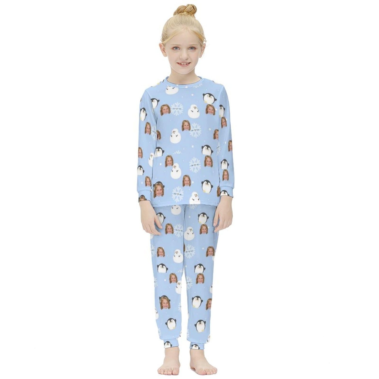 FacePajamas Pajama Kids Long Sleeve Pajama Set Custom Face Snowmen Snowflakes Sleep Pjs 2 Piece Nightwear