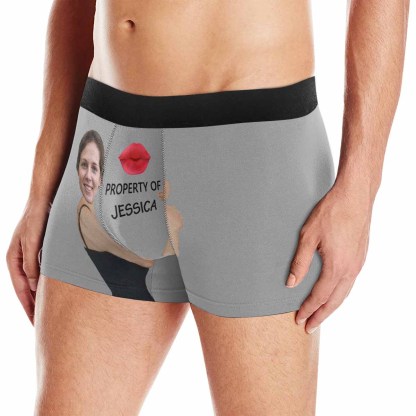 FacePajamas Men Underwear Light Gray / XS Custom Face&Name Boxer Underwear Red Lip Property Of Personalized Men's All-Over Print Boxer Briefs For Valentine's Day Gift