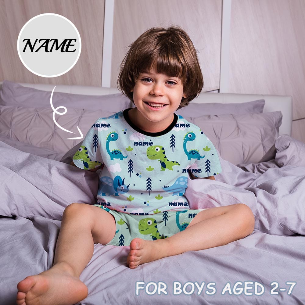 FacePajamas Pajama Little Boy Pajamas Custom Baby Name Little Dinosaur Personalized Kids' Short Sleeve Pajama Set For Boys 2-7Y