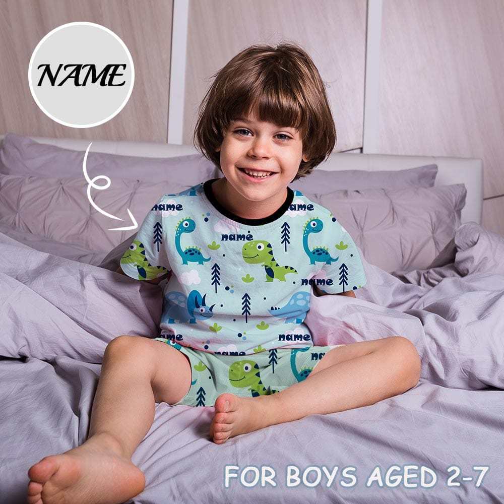 FacePajamas Pajama Little Boy Pajamas Custom Baby Name Little Dinosaur Personalized Kids' Short Sleeve Pajama Set For Boys 2-7Y