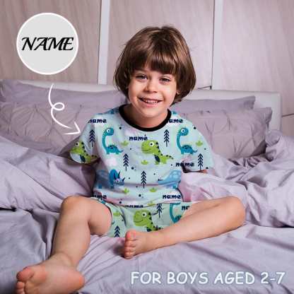 FacePajamas Pajama Little Boy Pajamas Custom Baby Name Little Dinosaur Personalized Kids' Short Sleeve Pajama Set For Boys 2-7Y