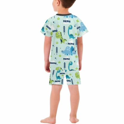 FacePajamas Pajama Little Boy Pajamas Custom Baby Name Little Dinosaur Personalized Kids' Short Sleeve Pajama Set For Boys 2-7Y