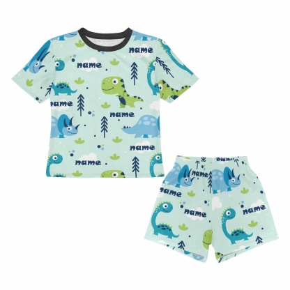 FacePajamas Pajama Little Boy Pajamas Custom Baby Name Little Dinosaur Personalized Kids' Short Sleeve Pajama Set For Boys 2-7Y