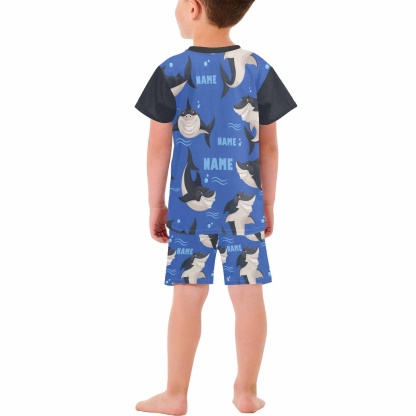 FacePajamas Pajama Little Boy Pajamas Custom Baby Name Pjs Deep Sea Shark Little Kids' Short Sleeve Pajama Set For Boys 2-7Y