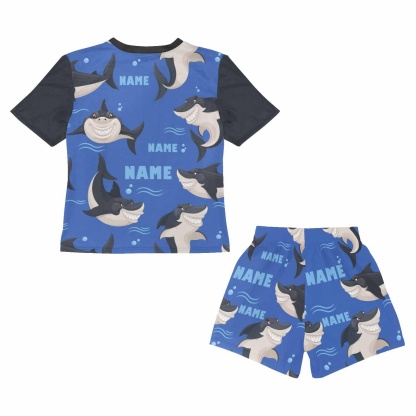 FacePajamas Pajama Little Boy Pajamas Custom Baby Name Pjs Deep Sea Shark Little Kids' Short Sleeve Pajama Set For Boys 2-7Y