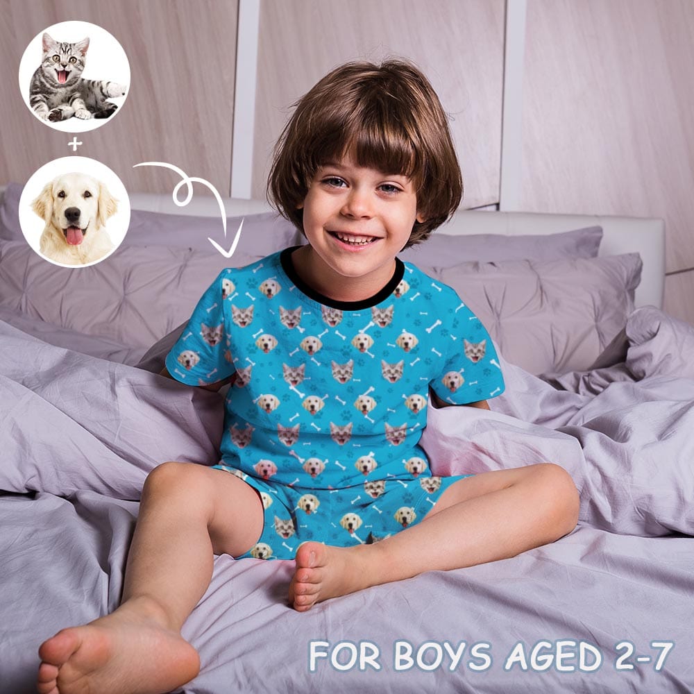 FacePajamas Pajama Little Boy Pajamas Custom Pets Face Little Bone Personalized Kids Short Sleeve Pajama Set For Boys 2-7Y