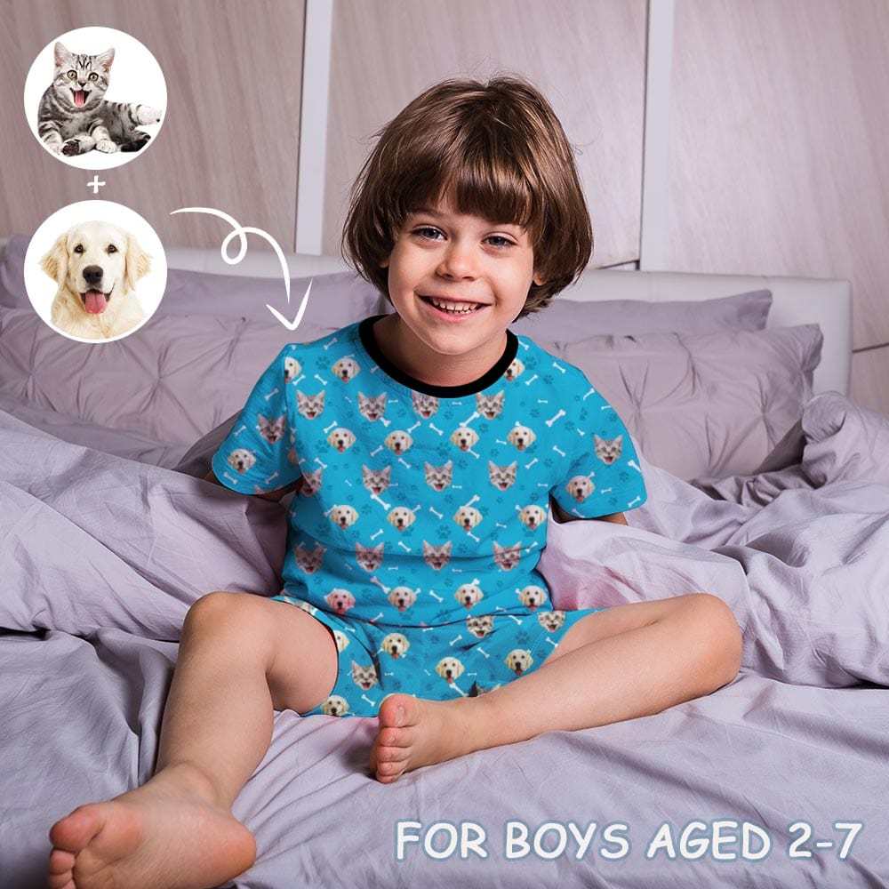 FacePajamas Pajama Little Boy Pajamas Custom Pets Face Little Bone Personalized Kids Short Sleeve Pajama Set For Boys 2-7Y