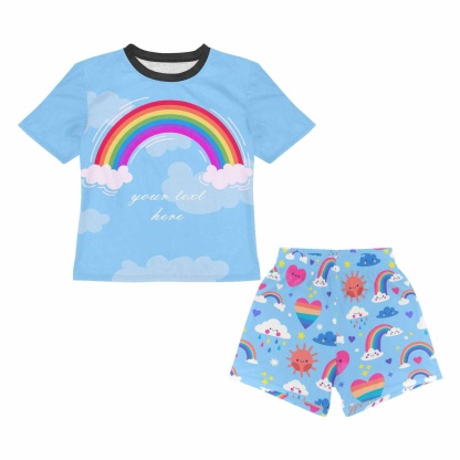 FacePajamas Pajama Little Kids Pajamas Custom Name Rainbow Blue Sleepwear Personalized Short Sleeve Pajama Set For Girls 2-7Y