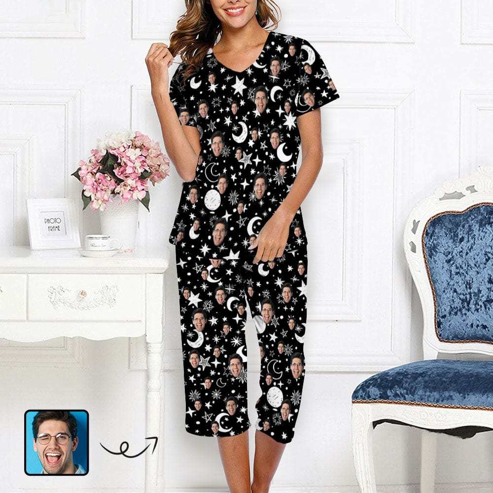 FacePajamas Pajama 7 Set-2ML-1688 M Custom Face Black Starry Sky Women's Loungewear Set Short Sleeve Shirt and Capri Pants Sleepwear Pajama Set