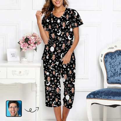 FacePajamas Pajama 7 Set-2ML-1688 M Custom Face Black Starry Sky Women's Loungewear Set Short Sleeve Shirt and Capri Pants Sleepwear Pajama Set