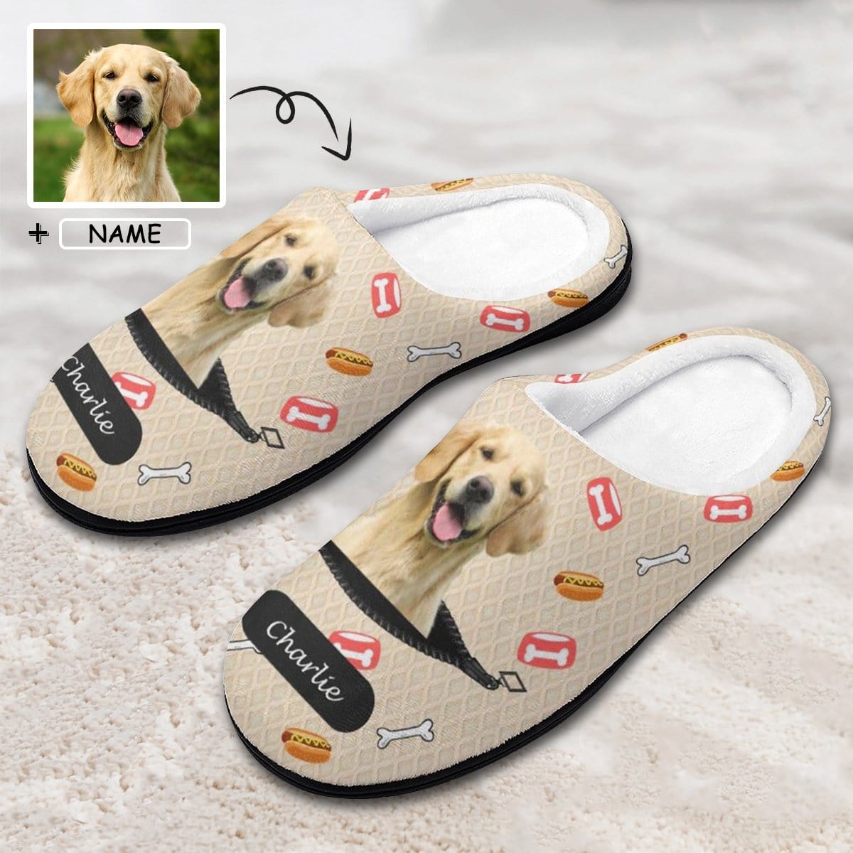 FacePajamas Slippers-2YX-SDS MEN / 7-8(40-41) Custom Dog's Photo  & Name Bones Hamburgers All Over Print Cotton Slippers