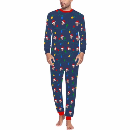 FacePajamas Pajama Men/S Custom Face Christmas Hat LED Lights Sleepwear Personalized Family Slumber Party Matching Long Sleeve Pajamas Set