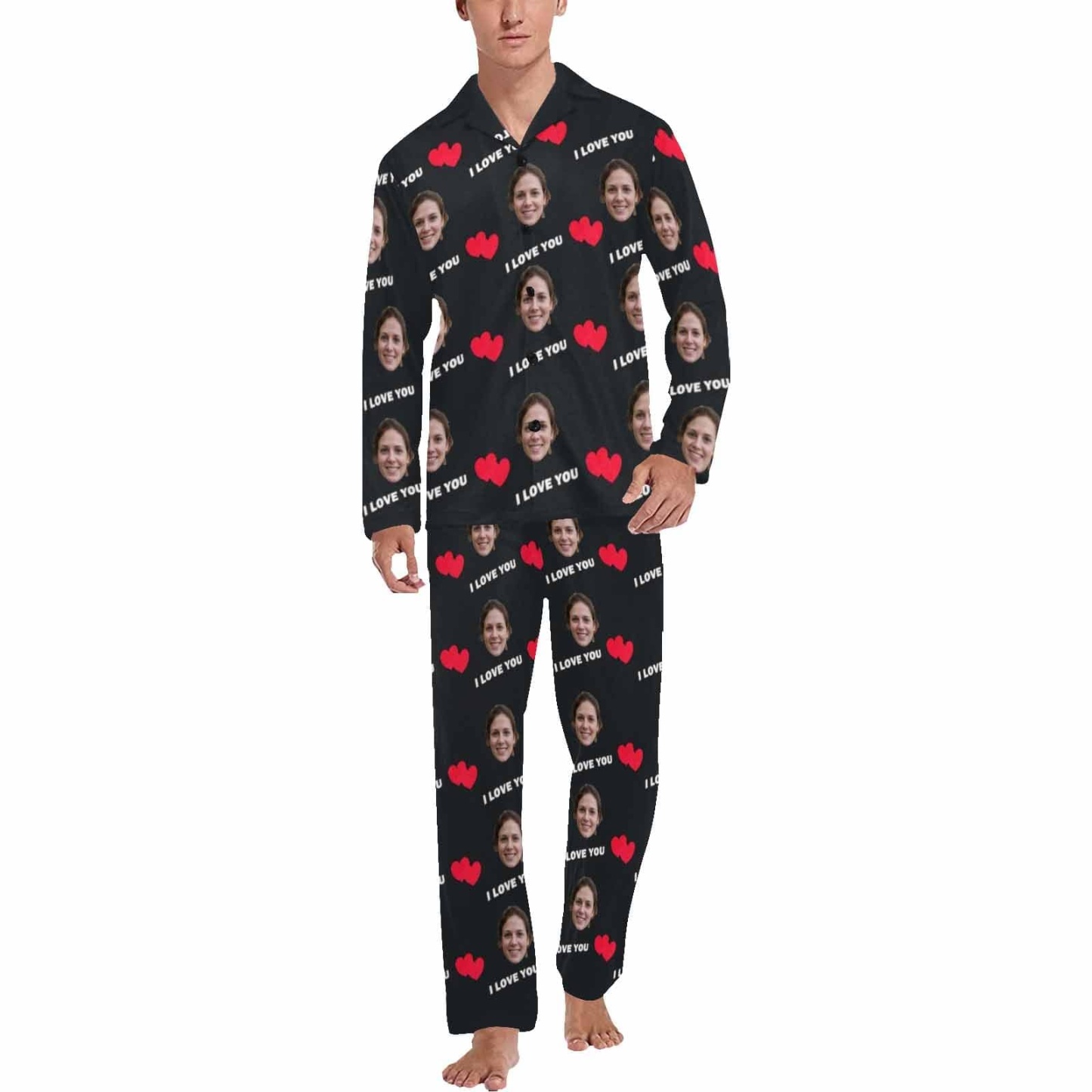 FacePajamas Pajama Custom Face I Love You Black Background Sleepwear Personalized Women's Long Pajama Set