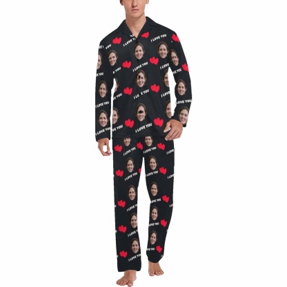 FacePajamas Pajama Custom Face I Love You Black Background Sleepwear Personalized Women's Long Pajama Set