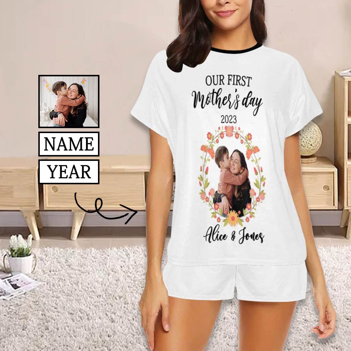 FacePajamas Mother-kid Pajamas Newborn Baby Jumpsuit Custom Face Garland Our First Mother's Day White Baby Bodysuit Personalized Mother-kid Matching Nightwear Mother's Day & Birthday Gift