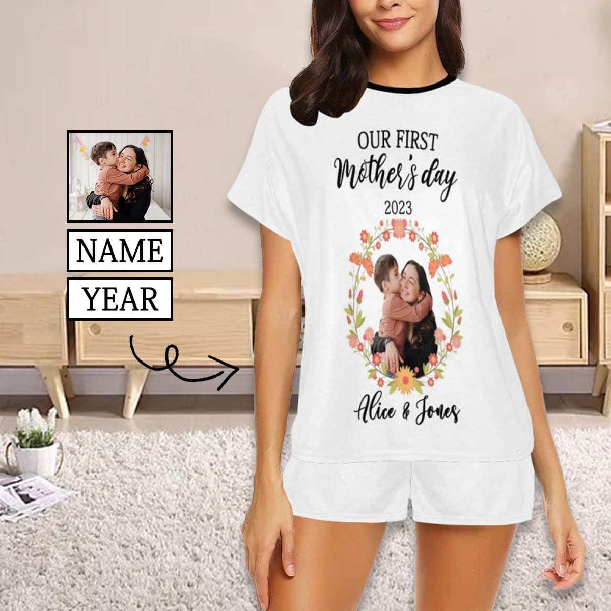 FacePajamas Mother-kid Pajamas Newborn Baby Jumpsuit Custom Face Garland Our First Mother's Day White Baby Bodysuit Personalized Mother-kid Matching Nightwear Mother's Day & Birthday Gift