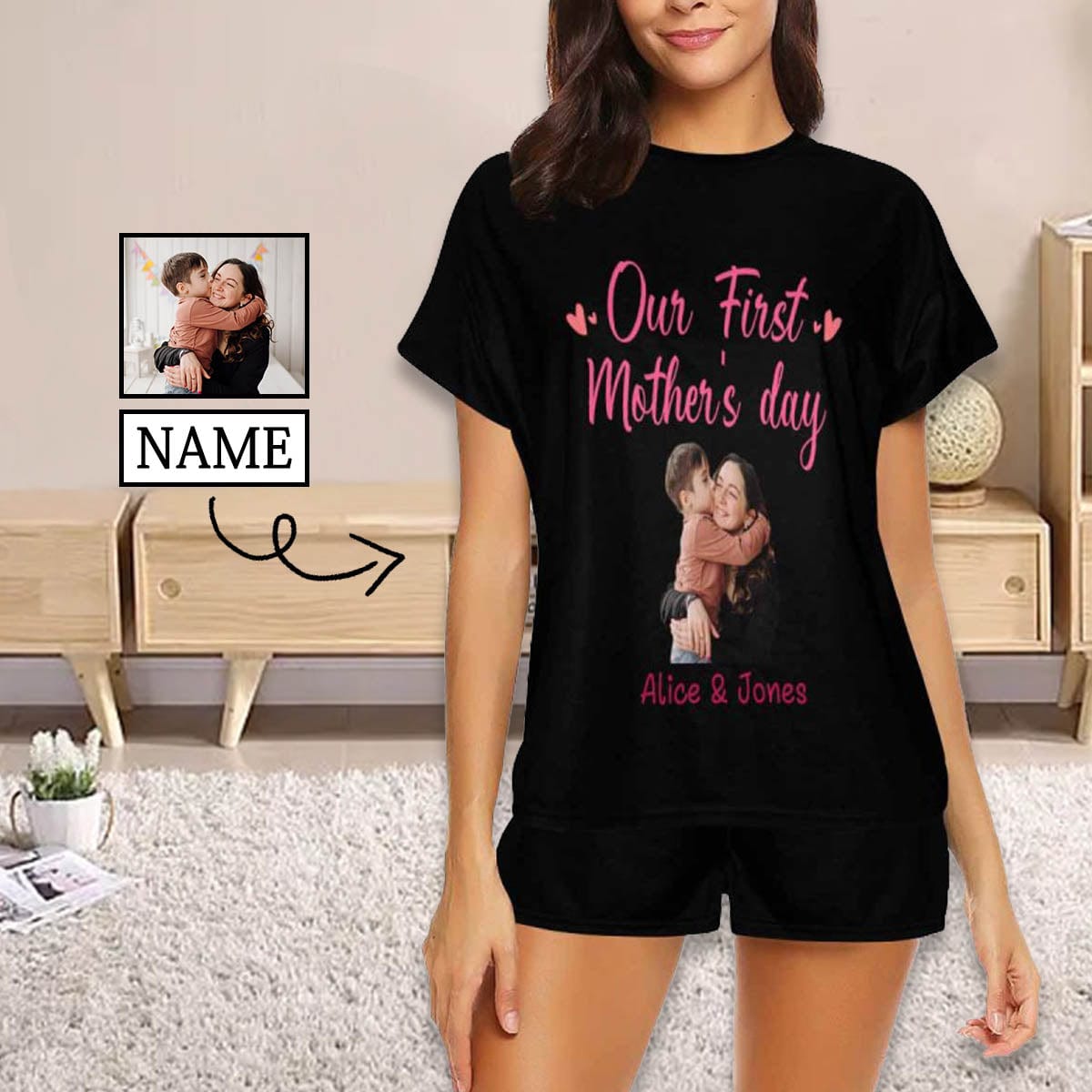 FacePajamas Mother-kid Pajamas Newborn Baby Jumpsuit Custom Face Our First Mother's Day Black Baby Bodysuit Personalized Mother-kid Matching Nightwear Mother's Day & Birthday Gift