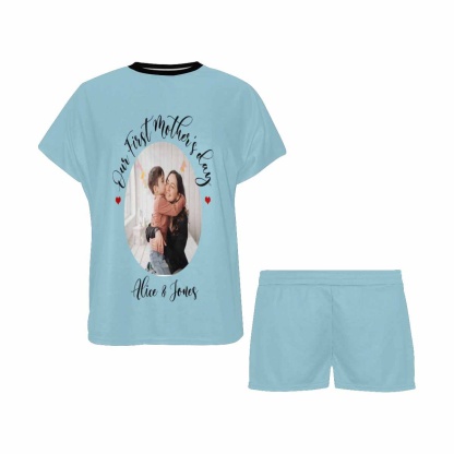 FacePajamas 387560669431 Newborn Baby Jumpsuit Custom Face Our First Mother's Day Blue Baby Bodysuit Personalized Mother-kid Matching Nightwear Mother's Day & Birthday Gift