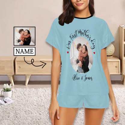 FacePajamas Mother-kid Pajamas Newborn Baby Jumpsuit Custom Face Our First Mother's Day Blue Baby Bodysuit Personalized Mother-kid Matching Nightwear Mother's Day & Birthday Gift
