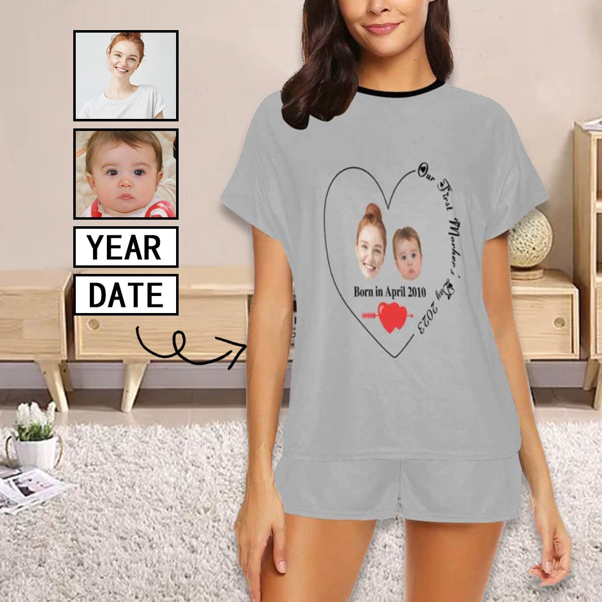 FacePajamas Mother-kid Pajamas Newborn Baby Jumpsuit Custom Face Our First Mother's Day Grey Baby Bodysuit Personalized Mother-kid Matching Nightwear Mother's Day & Birthday Gift