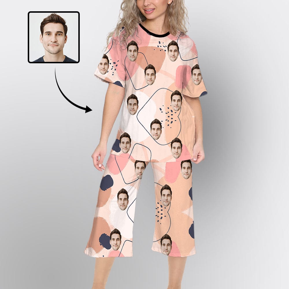 FacePajamas Womens Short Crew Neck-SDS O Neck / S Custom Face Pink Watercolor Pajama Sets Short Sleeve Knee Length Pants Personalized Women's Short Sleeve Loungewear