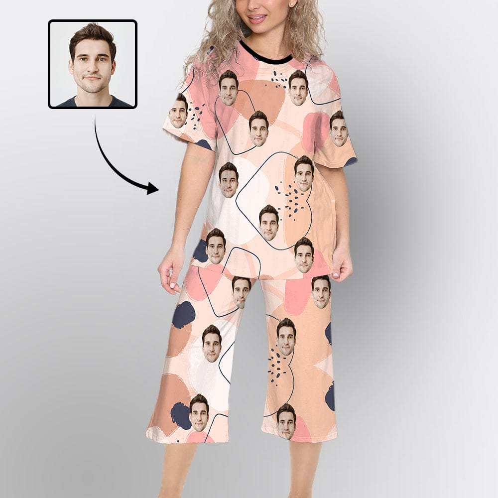 FacePajamas Womens Short Crew Neck-SDS O Neck / S Custom Face Pink Watercolor Pajama Sets Short Sleeve Knee Length Pants Personalized Women's Short Sleeve Loungewear
