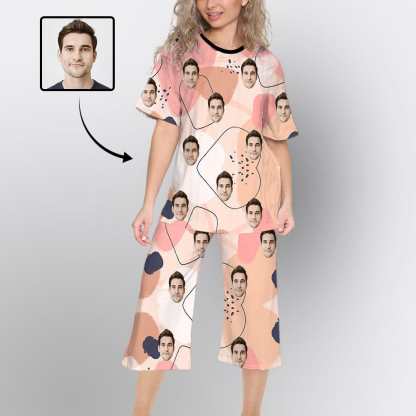 FacePajamas Womens Short Crew Neck-SDS O Neck / S Custom Face Pink Watercolor Pajama Sets Short Sleeve Knee Length Pants Personalized Women's Short Sleeve Loungewear