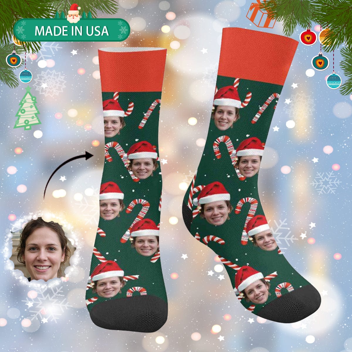 FacePajamas Sublimated Crew Socks One Size Custom Christmas Socks Personalized Face Christmas Hat Photo Socks Gift for Christmas
