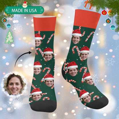 FacePajamas Sublimated Crew Socks One Size Custom Christmas Socks Personalized Face Christmas Hat Photo Socks Gift for Christmas