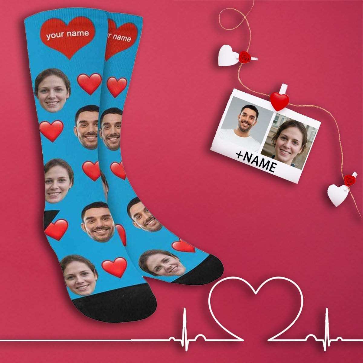 FacePajamas Sublimated Crew Socks One Size Custom Couple Socks with Face&Name Personalized Photo Sublimated Crew Socks Unisex Gift for Men Women