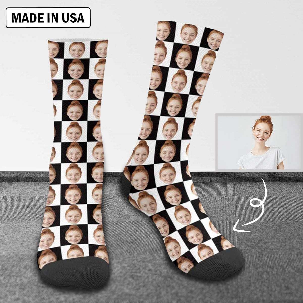 FacePajamas Sublimated Crew Socks One Size Custom Face Black & White Grid Socks Personalized Sublimated Crew Socks Unisex Gift for Men Women